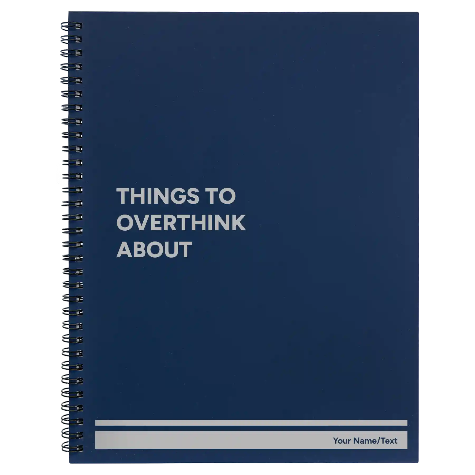 Large blue spiral notebook laser etched with 'Things to Overthink About' design
