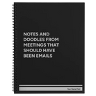 Large black spiral notebook laser etched with 'Notes and Doodles From Meetings' design