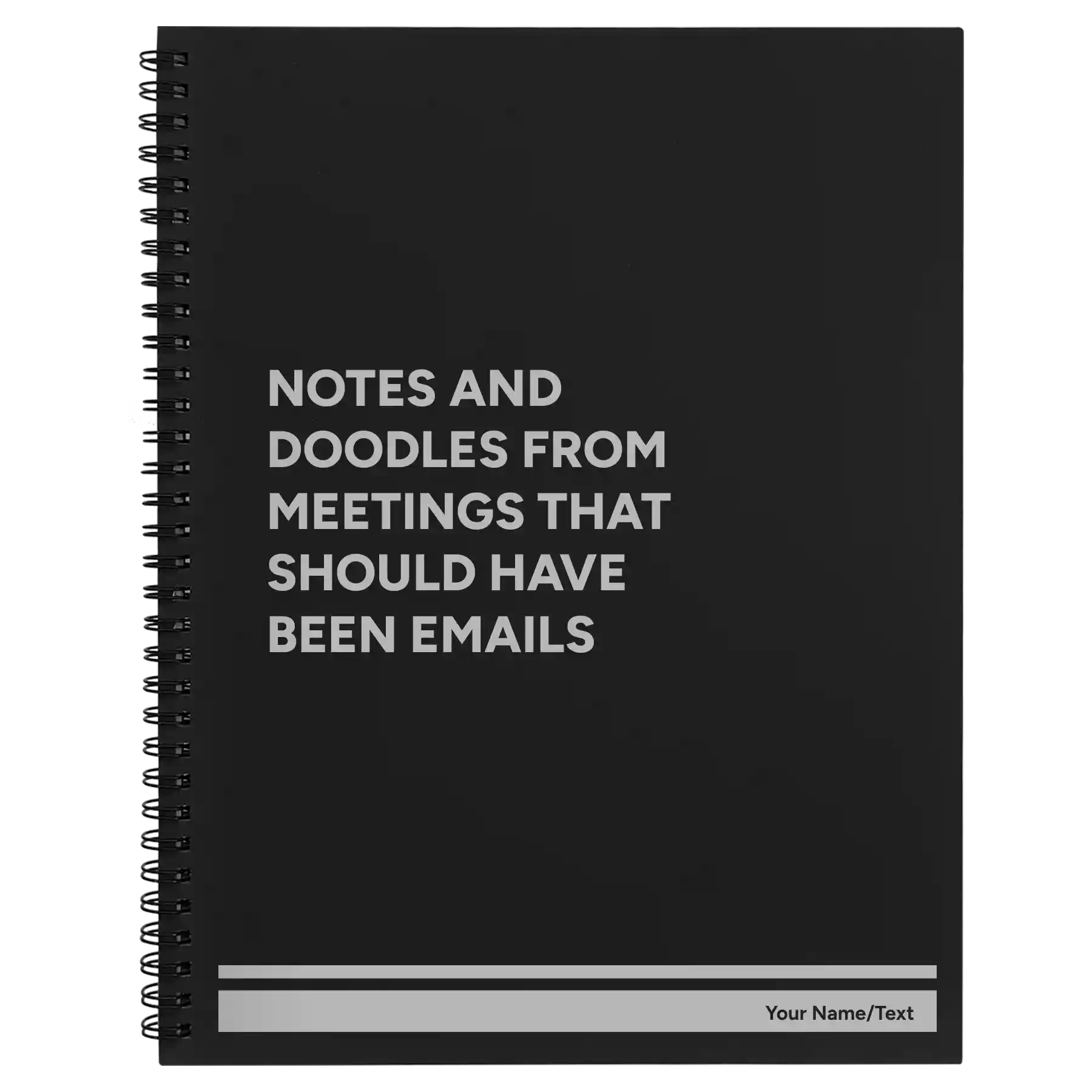 Large black spiral notebook laser etched with 'Notes and Doodles From Meetings' design