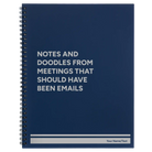 Large blue spiral notebook laser etched with 'Notes and Doodles From Meetings' design