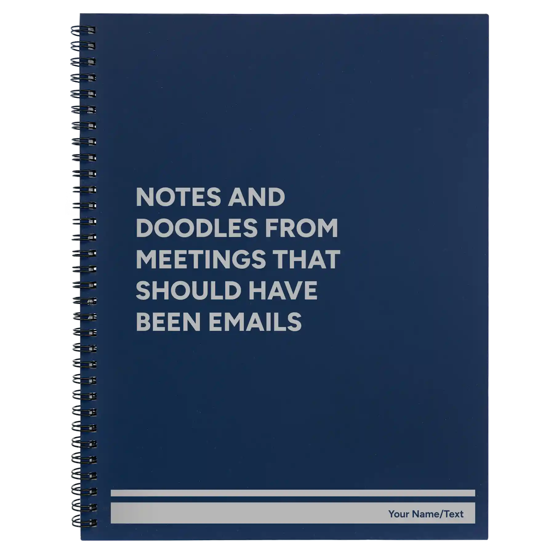 Large blue spiral notebook laser etched with 'Notes and Doodles From Meetings' design