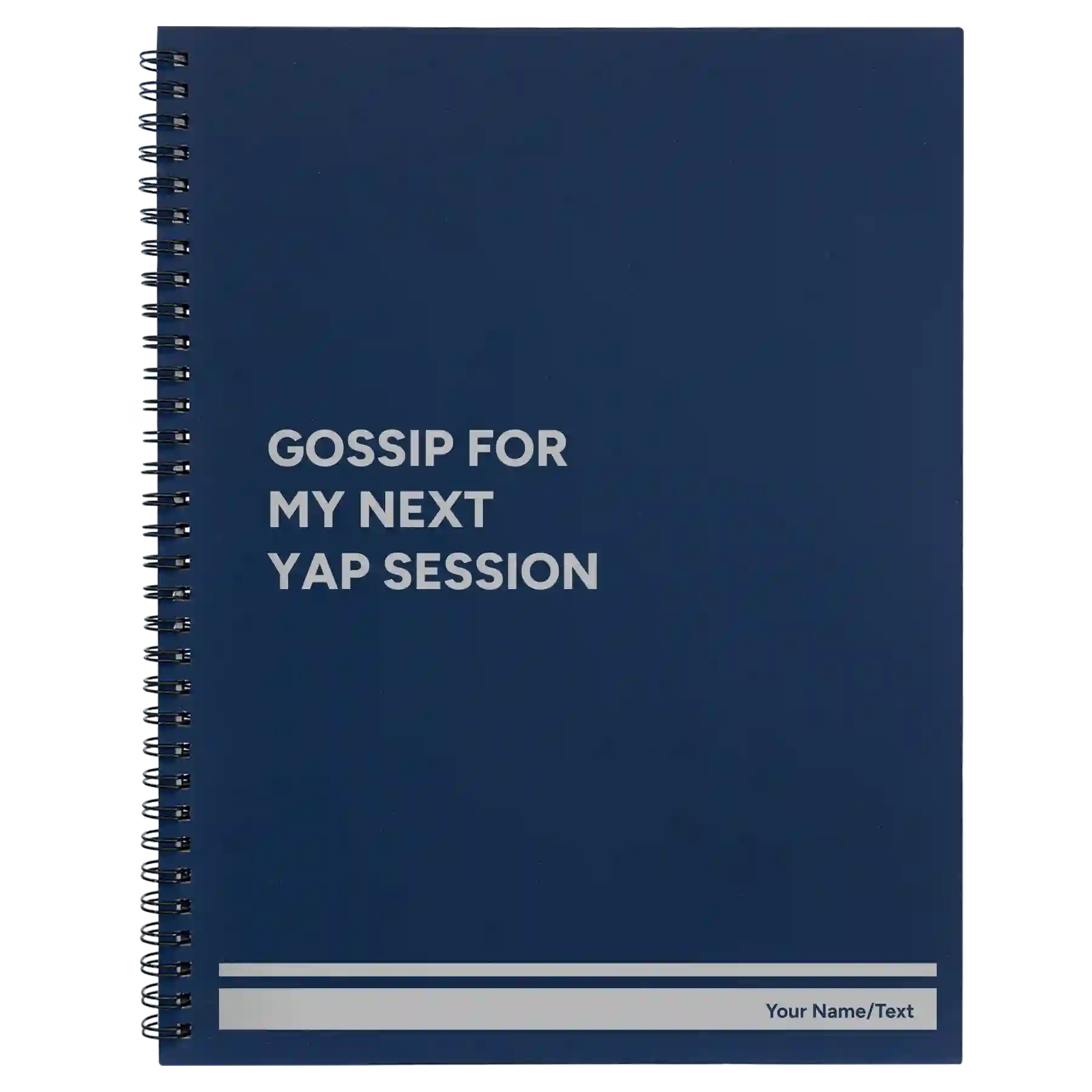 Large blue spiral notebook laser etched with 'Yap Session' design