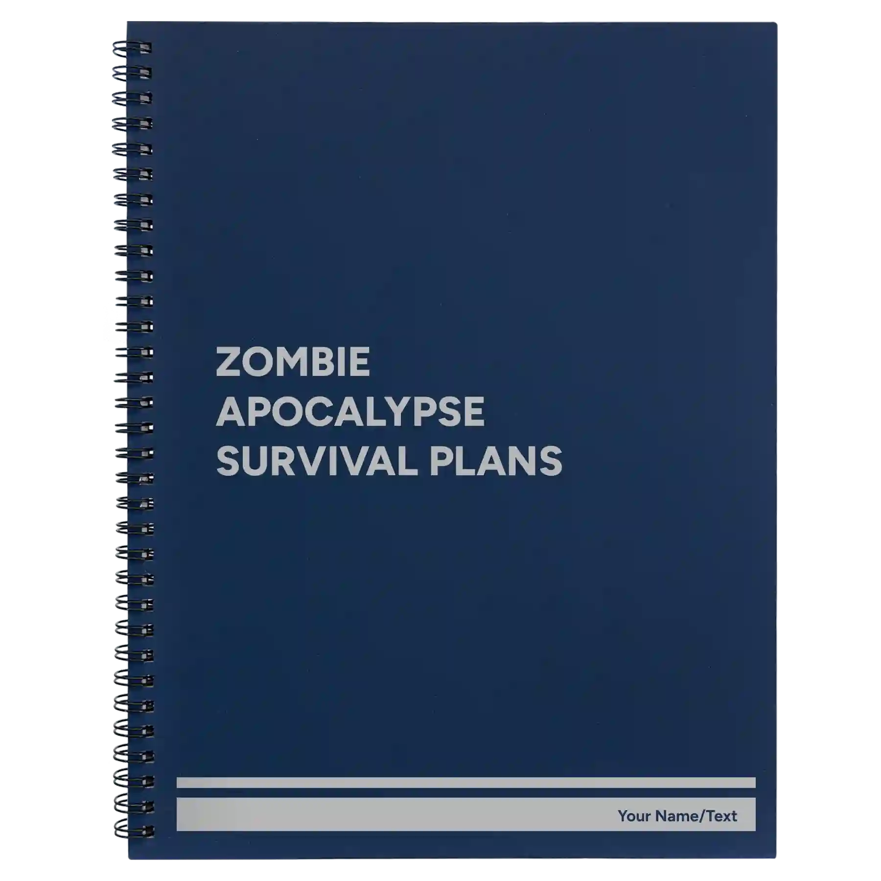 Large blue spiral notebook laser etched with 'Zombie Apocalypse Survival Plans' design