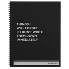 Large black spiral notebook laser etched with 'Things I Will Forget' design