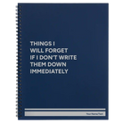 Large blue spiral notebook laser etched with 'Things I Will Forget' design