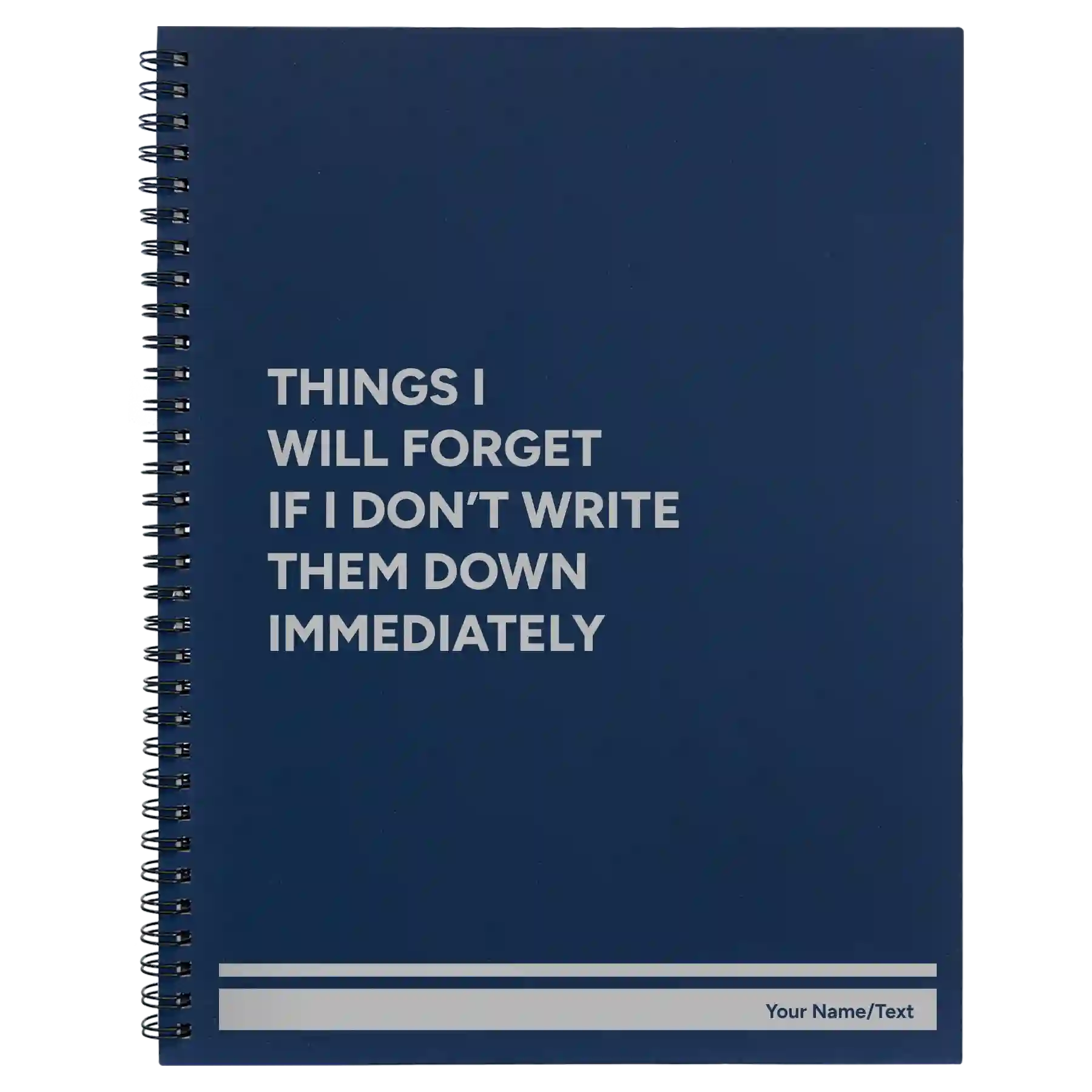 Large blue spiral notebook laser etched with 'Things I Will Forget' design