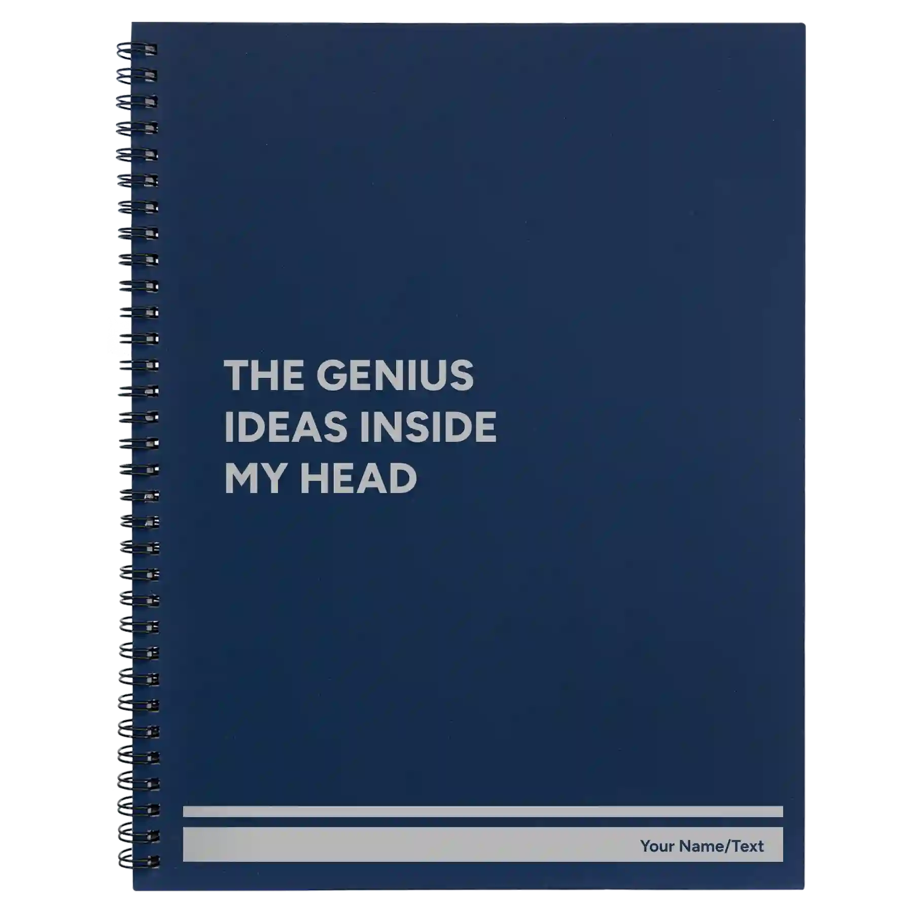 Large blue spiral notebook laser etched with 'Genius Ideas' design