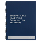 Large blue spiral notebook laser etched with 'Brilliant Ideas Custom Text' design