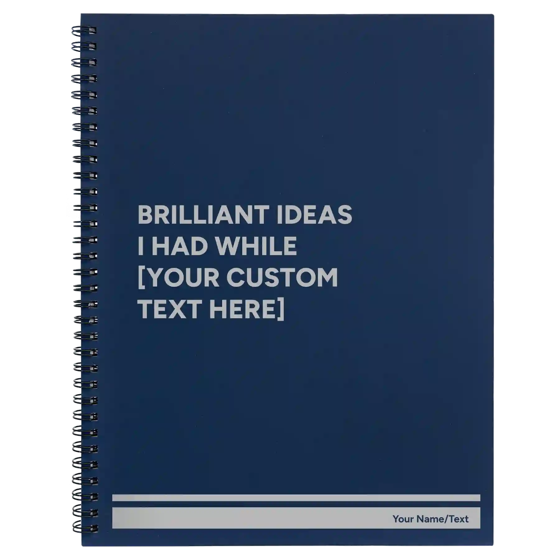 Large blue spiral notebook laser etched with 'Brilliant Ideas Custom Text' design
