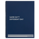 Large blue spiral notebook laser etched with 'Same Sht' design