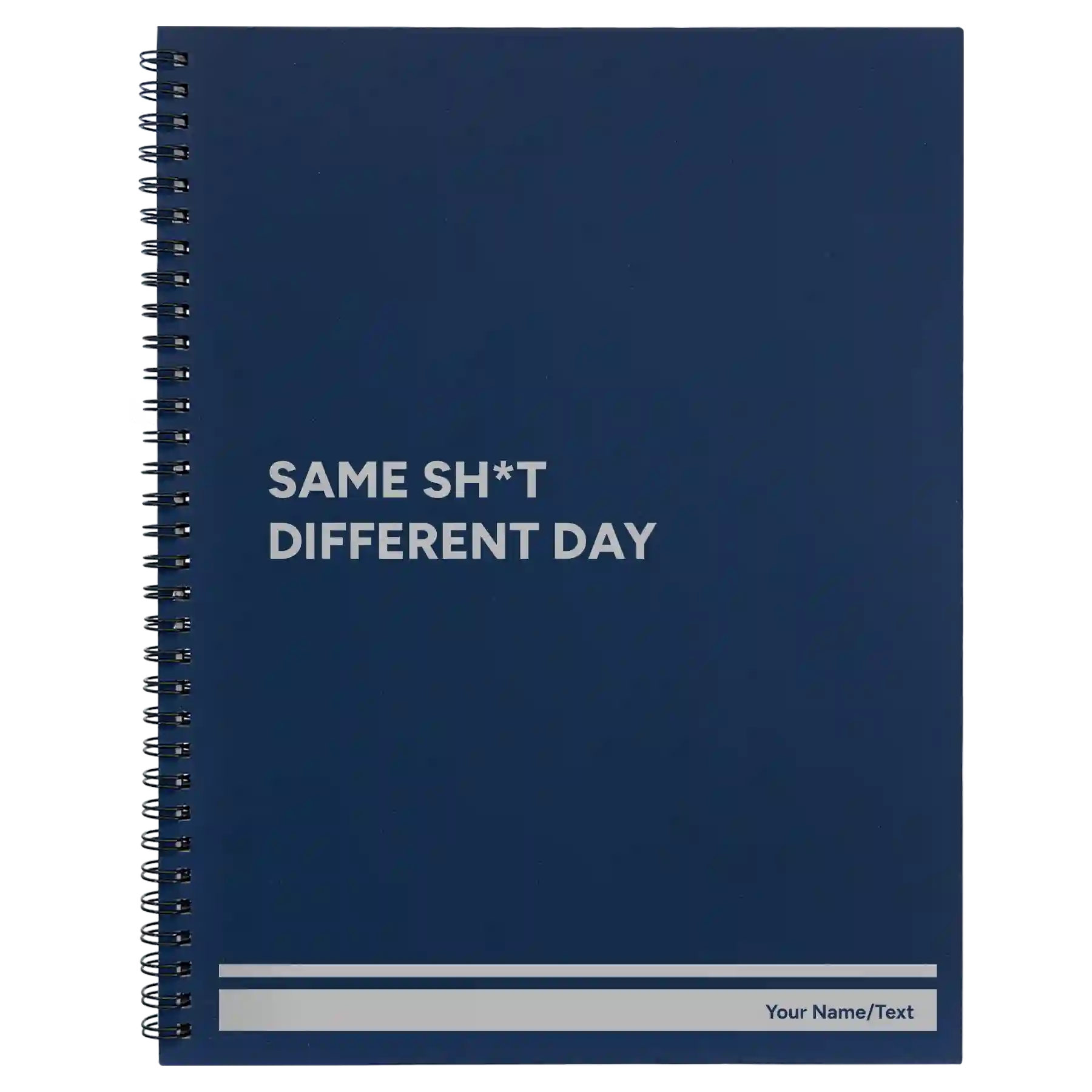 Large blue spiral notebook laser etched with 'Same Sht' design