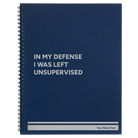 Large blue spiral notebook laser etched with 'Left Unsupervised' design