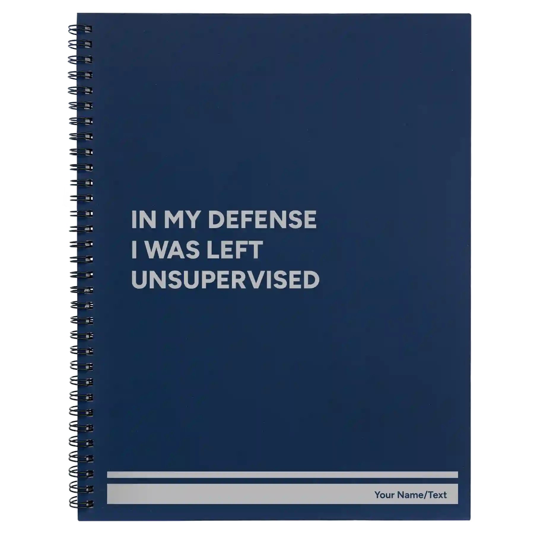 Large blue spiral notebook laser etched with 'Left Unsupervised' design