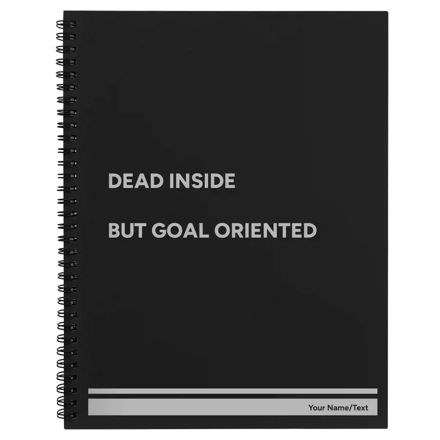 Large black spiral notebook laser etched with 'Dead Inside' design