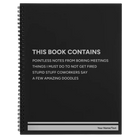 Large black spiral notebook laser etched with 'This Book Contains' design