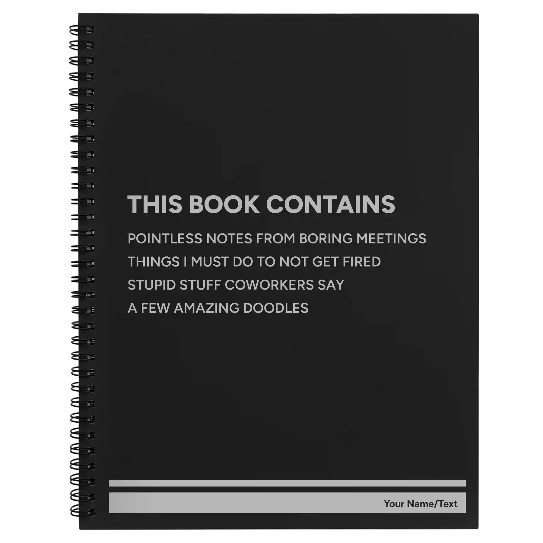 Large black spiral notebook laser etched with 'This Book Contains' design