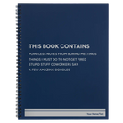 Large blue spiral notebook laser etched with 'This Book Contains' design