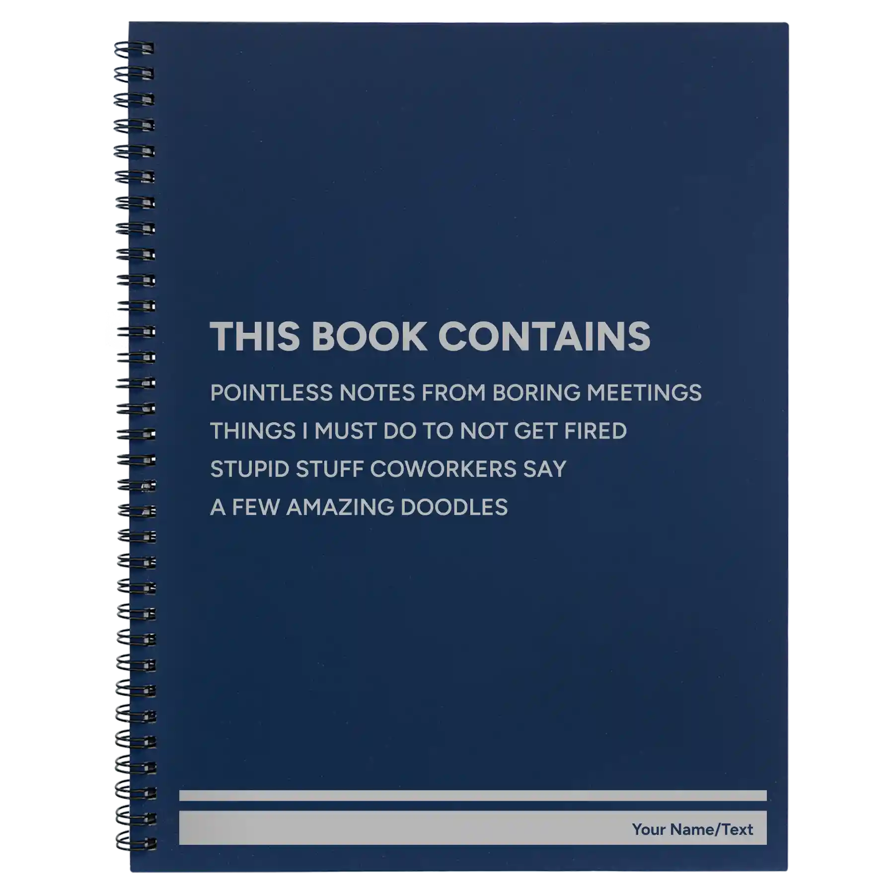 Large blue spiral notebook laser etched with 'This Book Contains' design