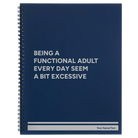 Large blue spiral notebook laser etched with 'Functional Adult' design