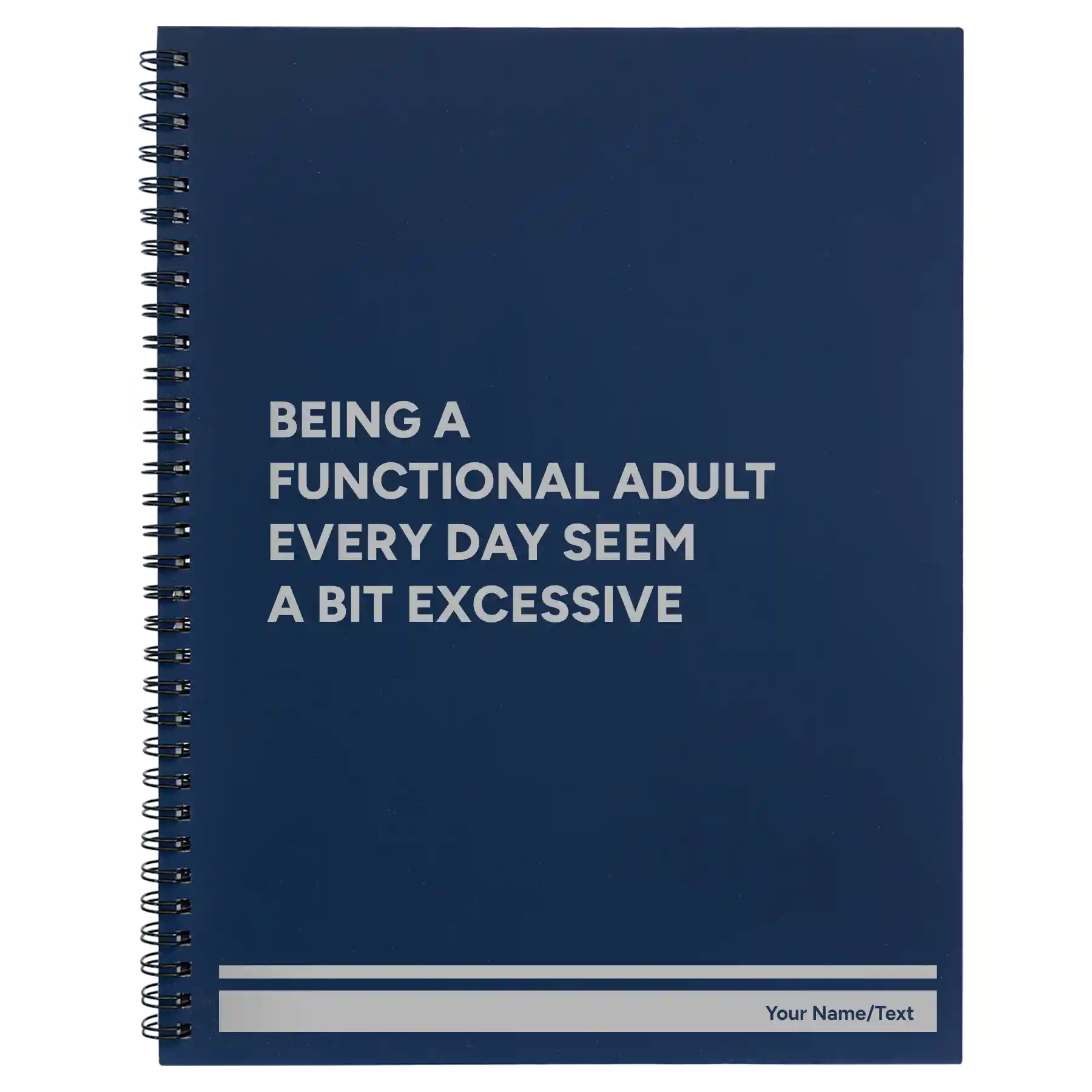 Large blue spiral notebook laser etched with 'Functional Adult' design