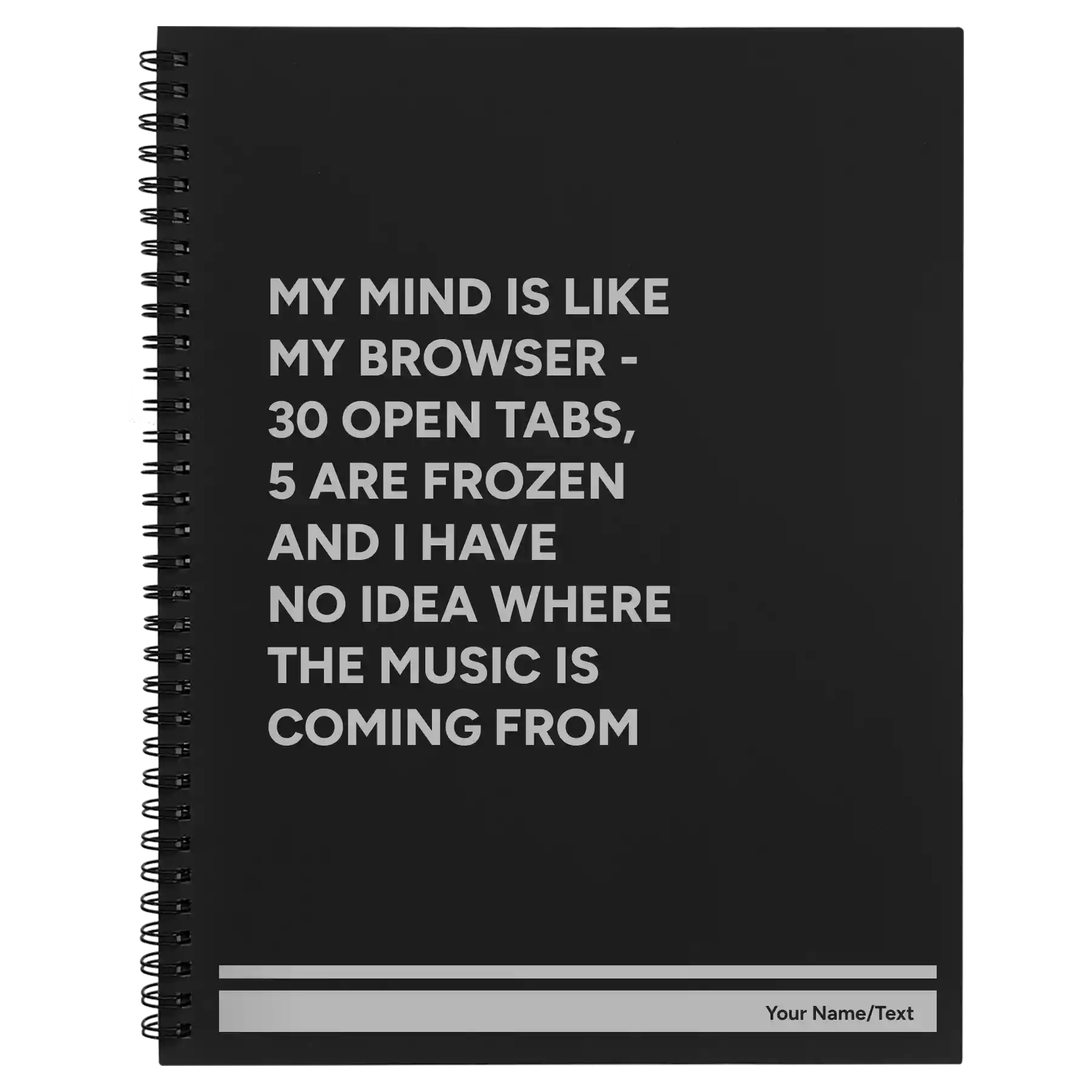 Large black spiral notebook laser etched with 'My Browser' design