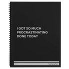 Large black spiral notebook laser etched with 'Procrastinating' design