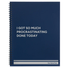 Large blue spiral notebook laser etched with 'Procrastinating' design