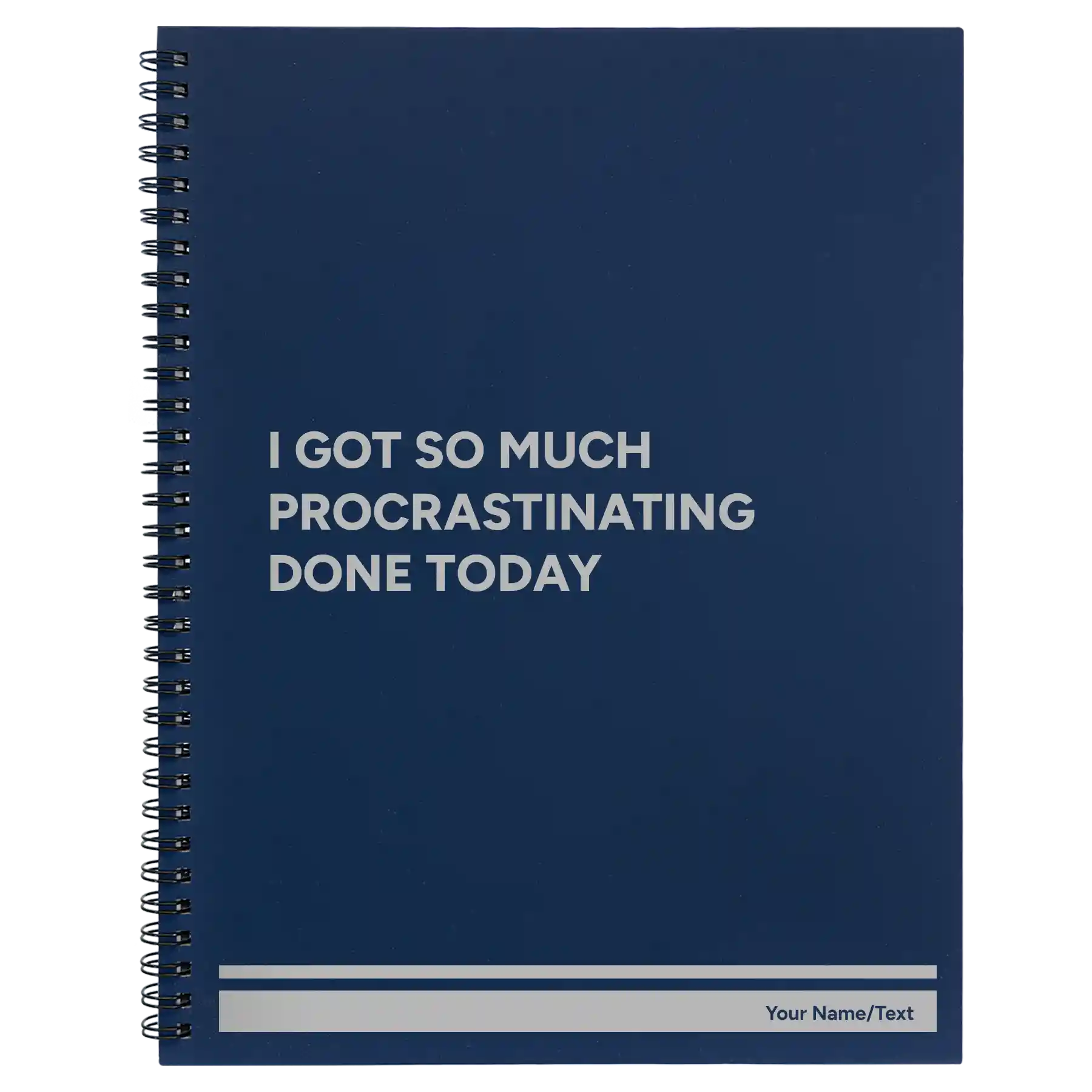 Large blue spiral notebook laser etched with 'Procrastinating' design