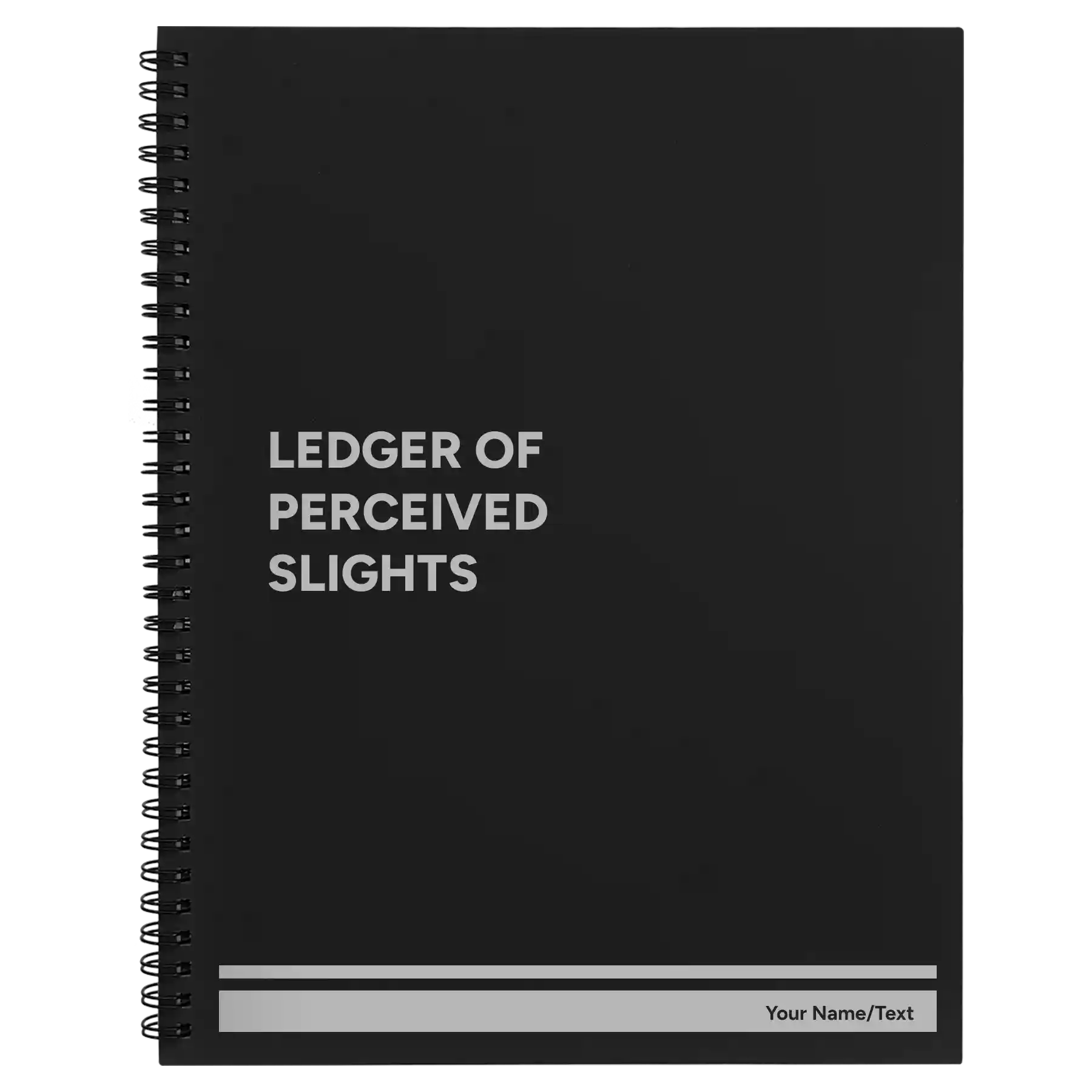 Large black spiral notebook laser etched with 'Perceived Slights' design