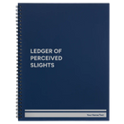 Large blue spiral notebook laser etched with 'Perceived Slights' design