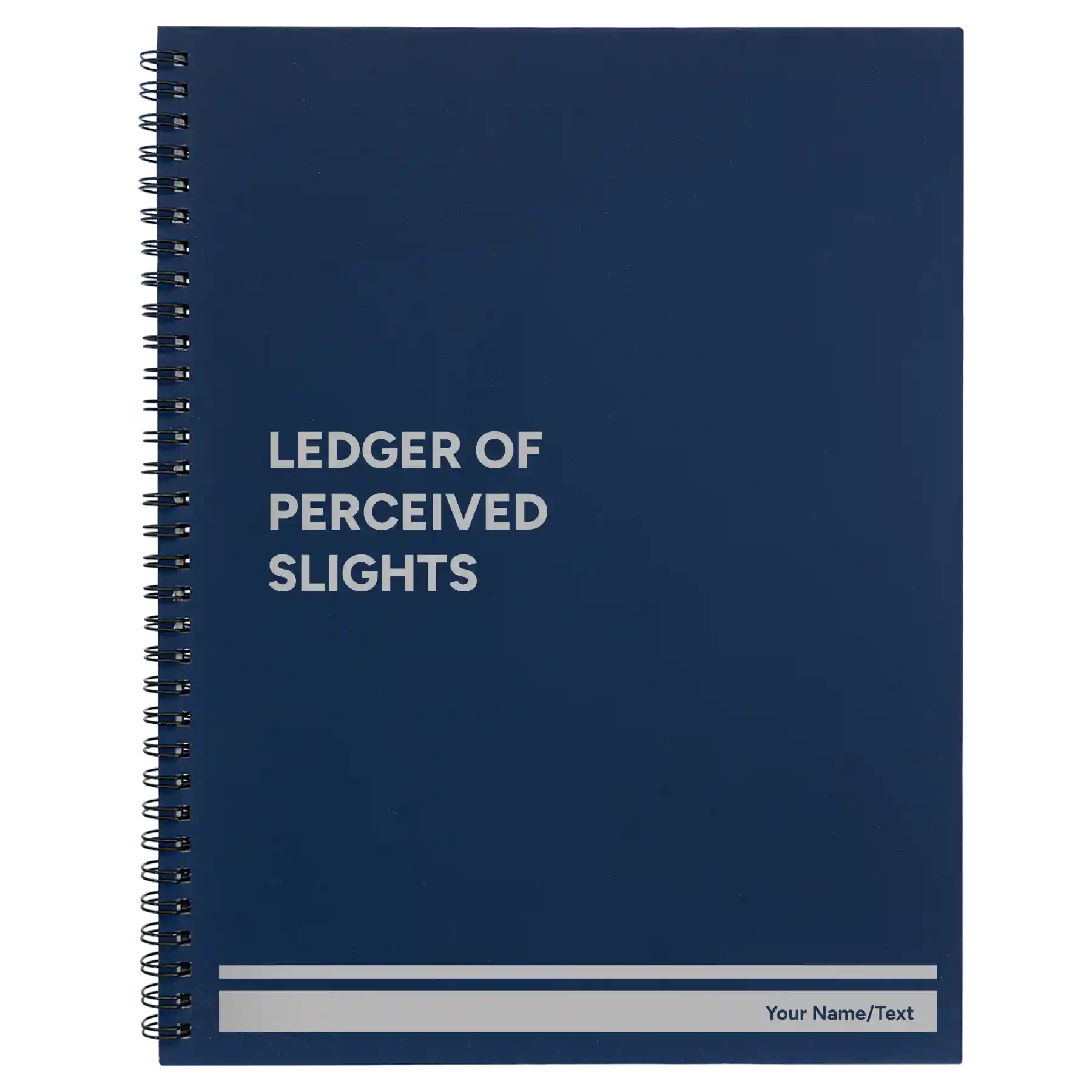 Large blue spiral notebook laser etched with 'Perceived Slights' design