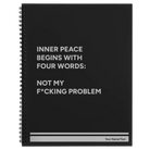 Large black spiral notebook laser etched with 'Inner Peace' design