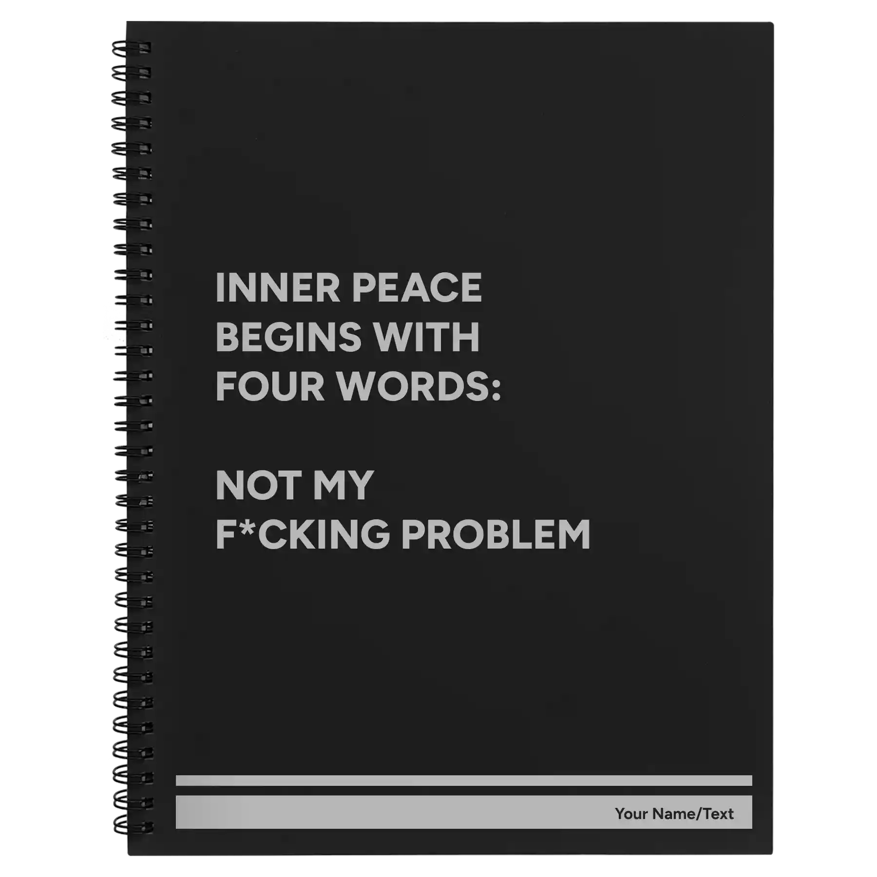 Large black spiral notebook laser etched with 'Inner Peace' design