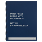 Large blue spiral notebook laser etched with 'Inner Peace' design