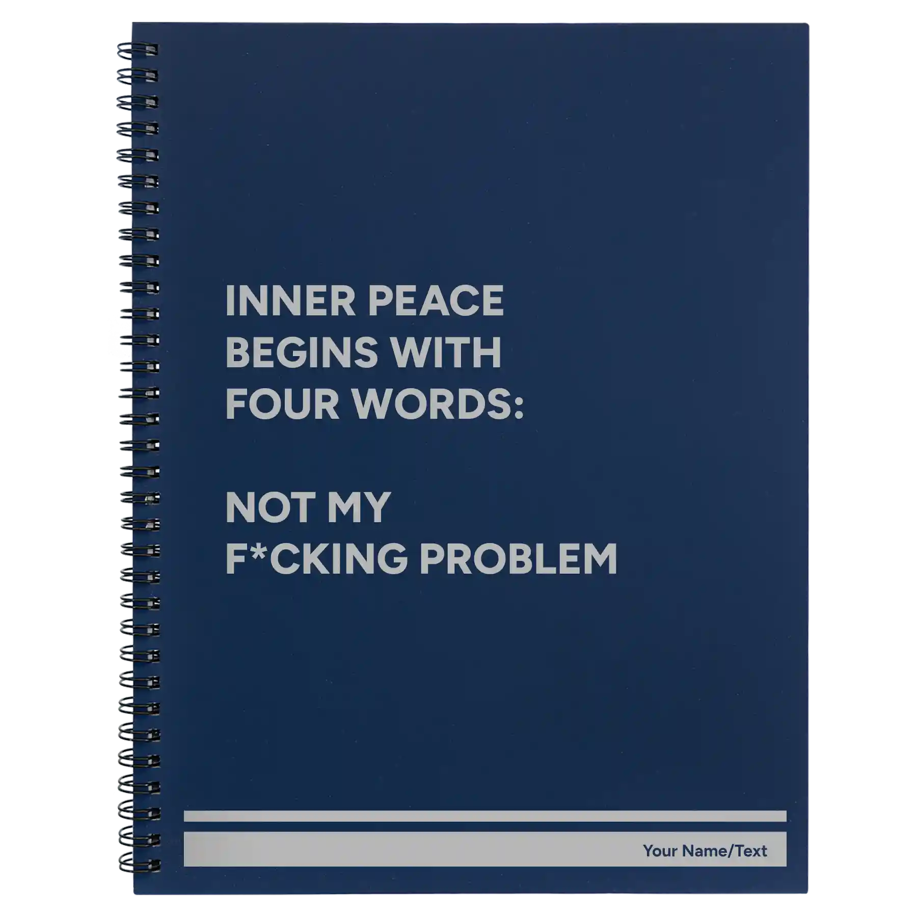 Large blue spiral notebook laser etched with 'Inner Peace' design