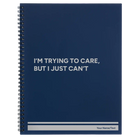 Large blue spiral notebook laser etched with 'Trying to Care' design