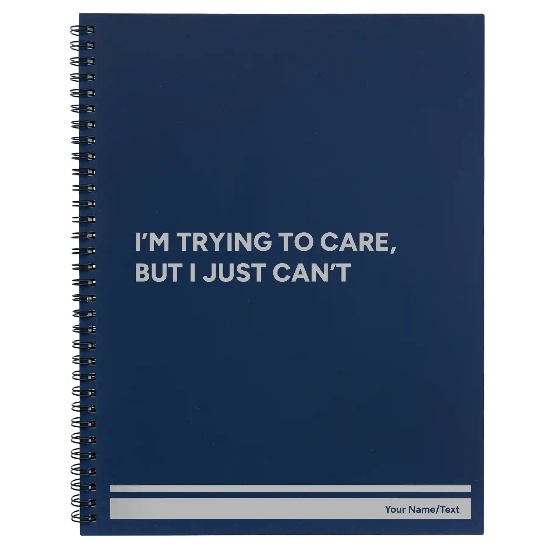 Large blue spiral notebook laser etched with 'Trying to Care' design