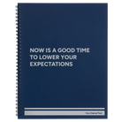 Large blue spiral notebook laser etched with 'Lower Your Expectations' design