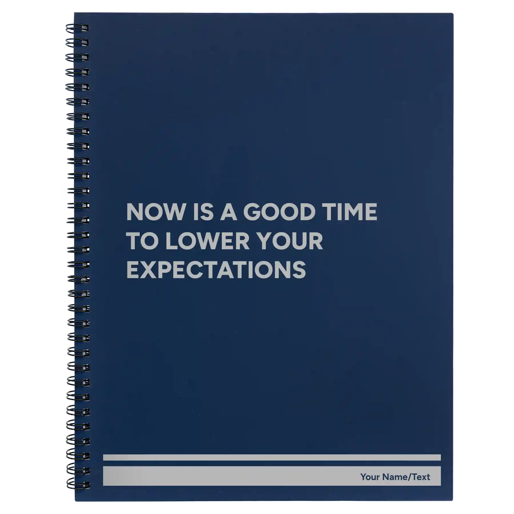 Large blue spiral notebook laser etched with 'Lower Your Expectations' design