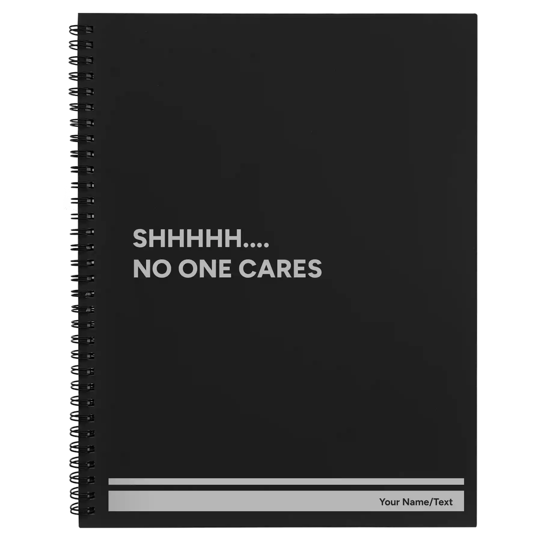Large black spiral notebook laser etched with 'Shhhh' design