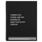 Large black spiral notebook laser etched with 'My Circus' design