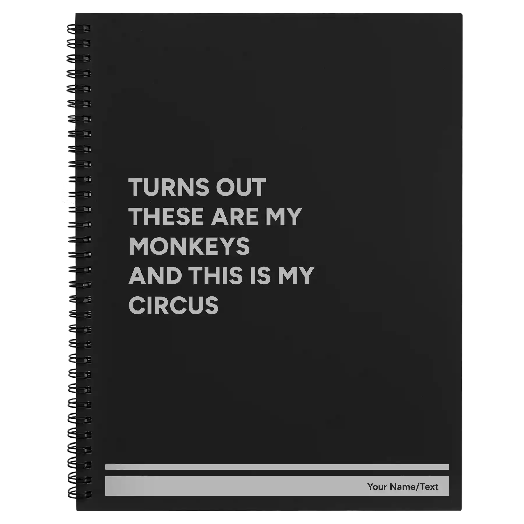 Large black spiral notebook laser etched with 'My Circus' design