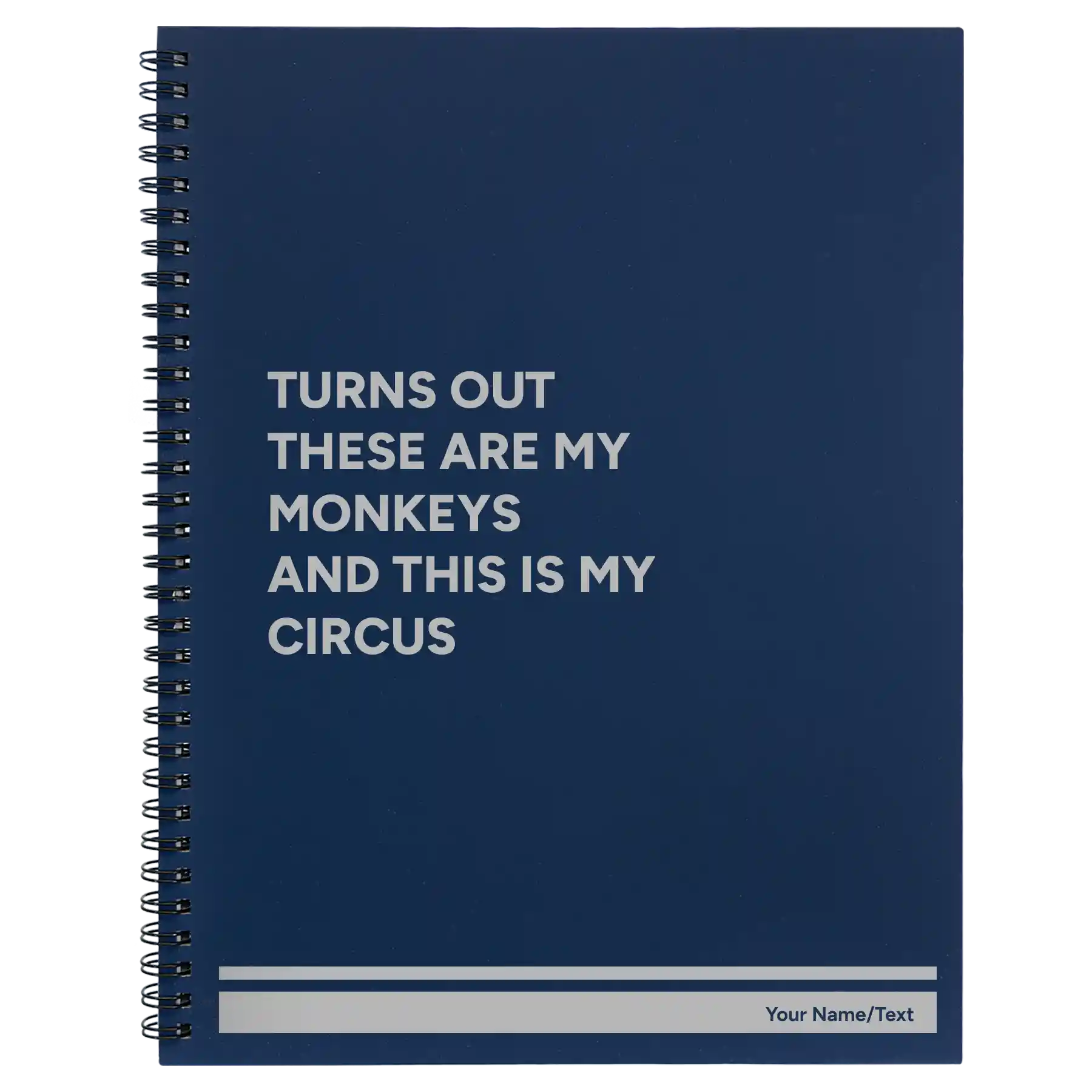Large blue spiral notebook laser etched with 'My Circus' design