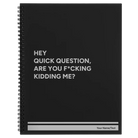 Large black spiral notebook laser etched with 'Quick Question' design