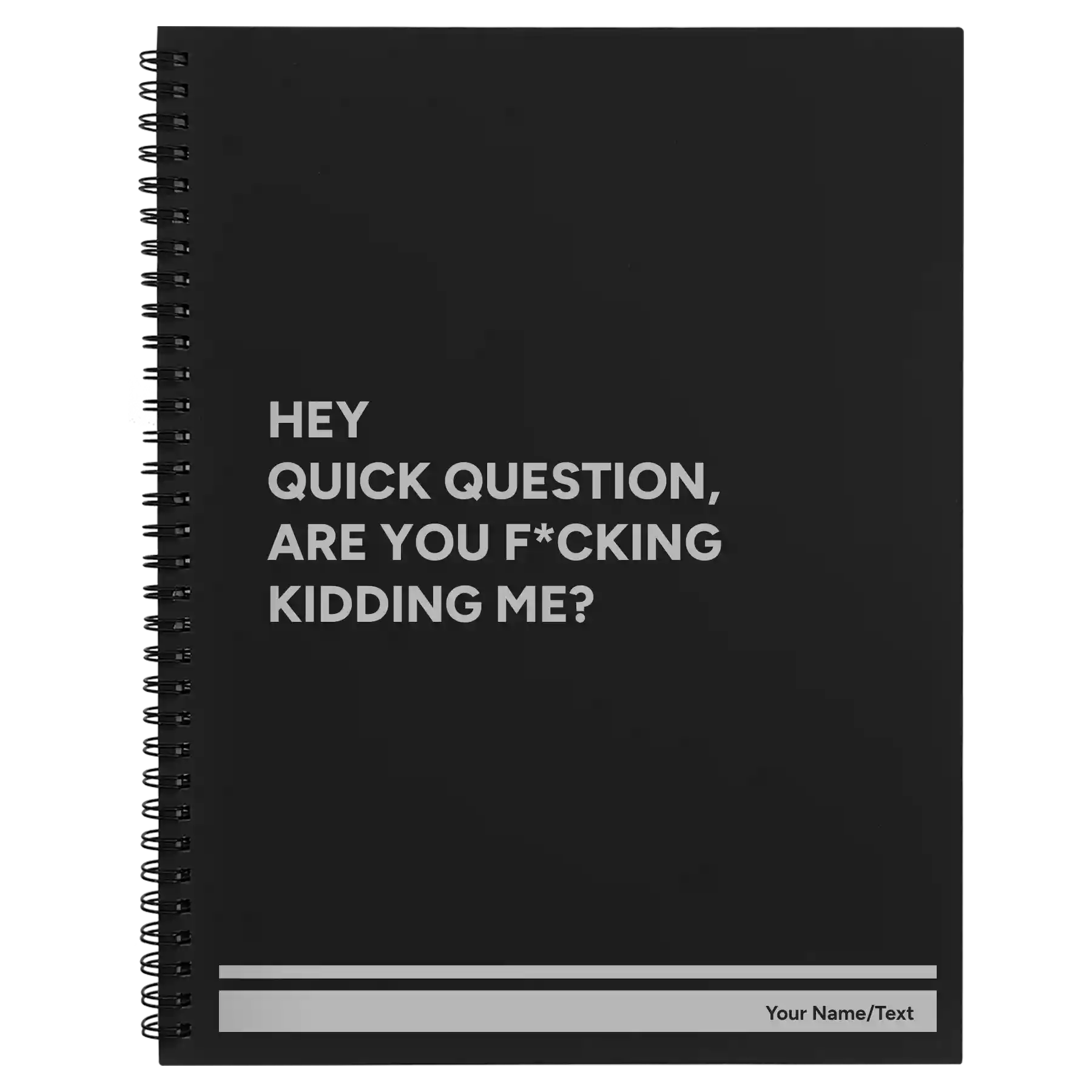 Large black spiral notebook laser etched with 'Quick Question' design