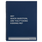 Large blue spiral notebook laser etched with 'Quick Question' design