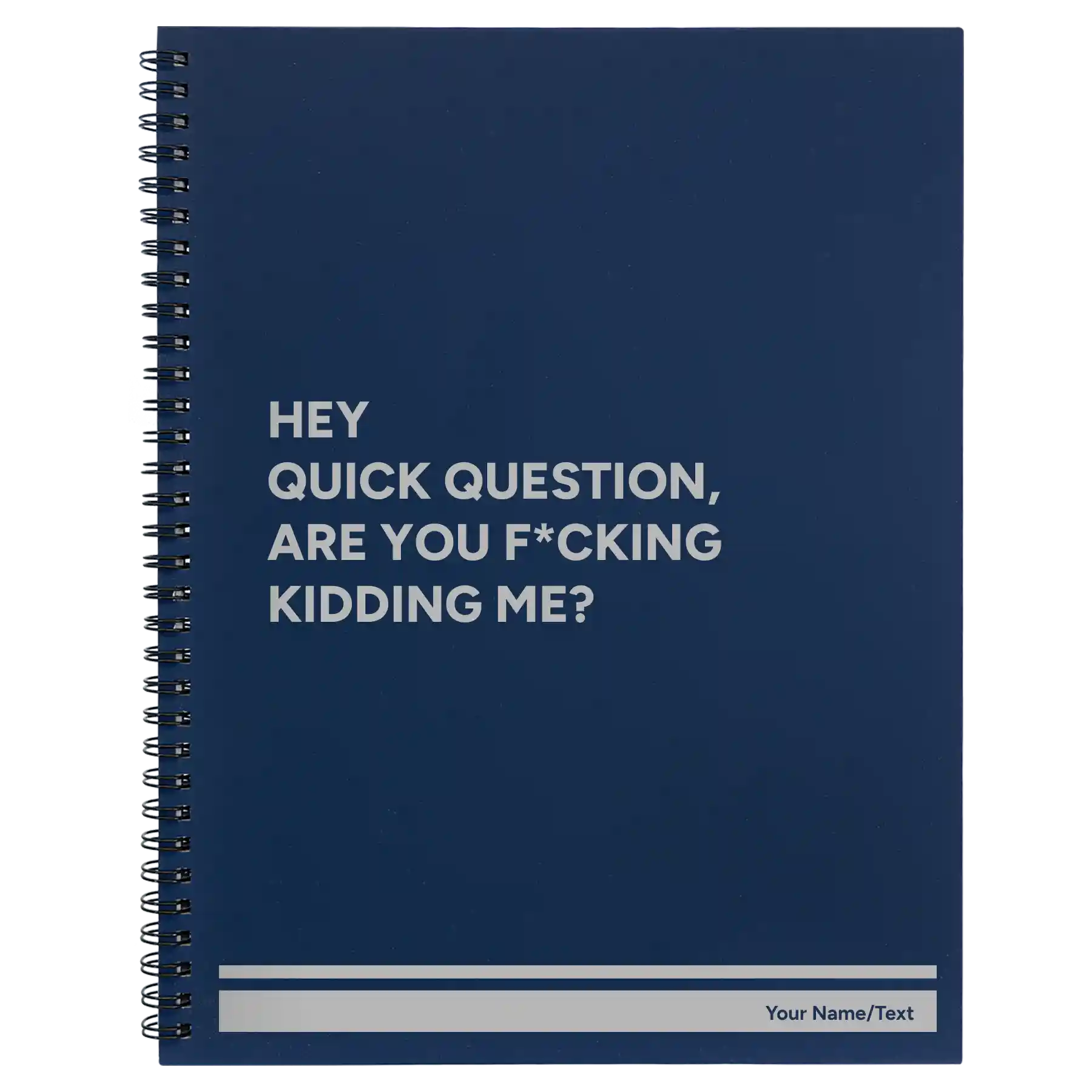 Large blue spiral notebook laser etched with 'Quick Question' design