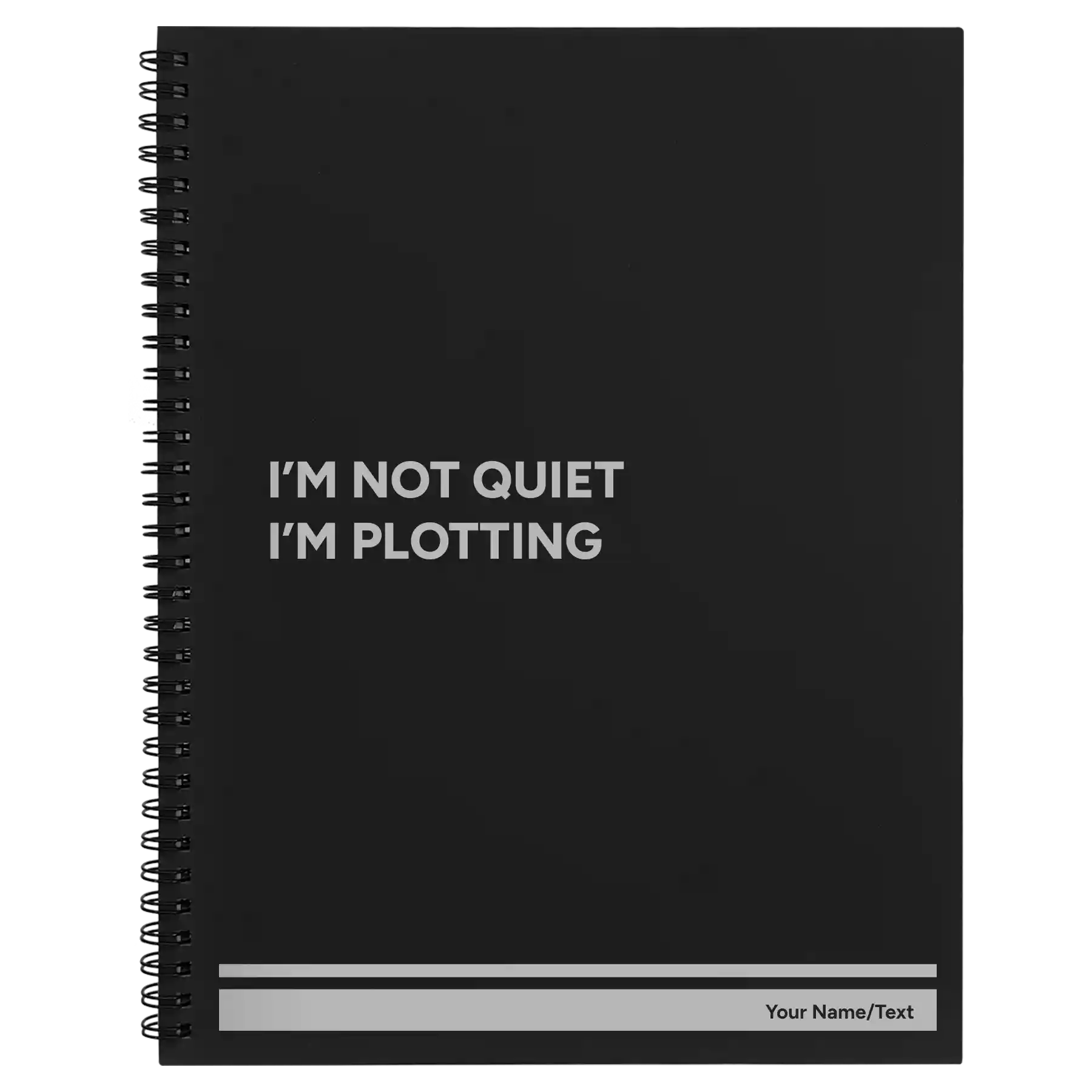 Large black spiral notebook laser etched with 'Not Quiet' design
