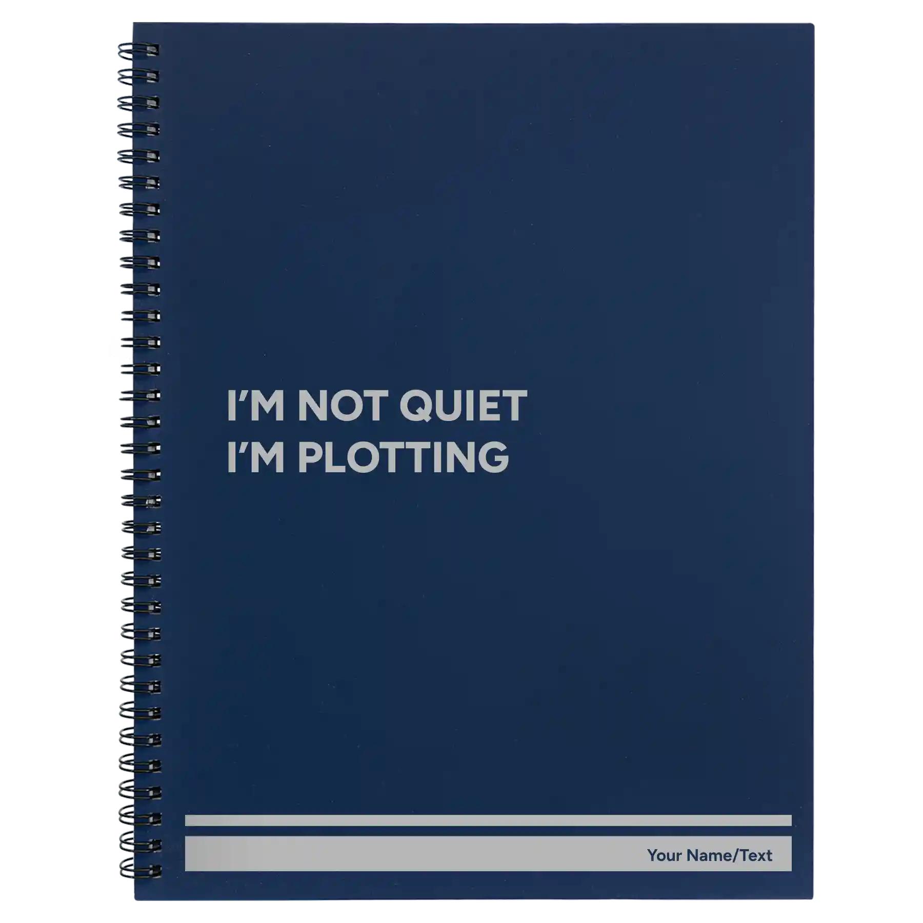Large blue spiral notebook laser etched with 'Not Quiet' design