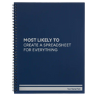 Large blue spiral notebook laser etched with 'Create a Spreadsheet' design